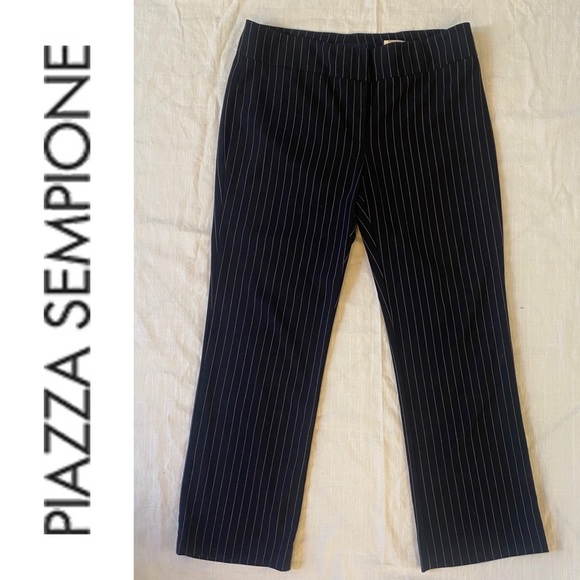 PIAZZA SEMPIONE wool blend high waist straight leg pinstripe pants in black - Picture 2 of 8